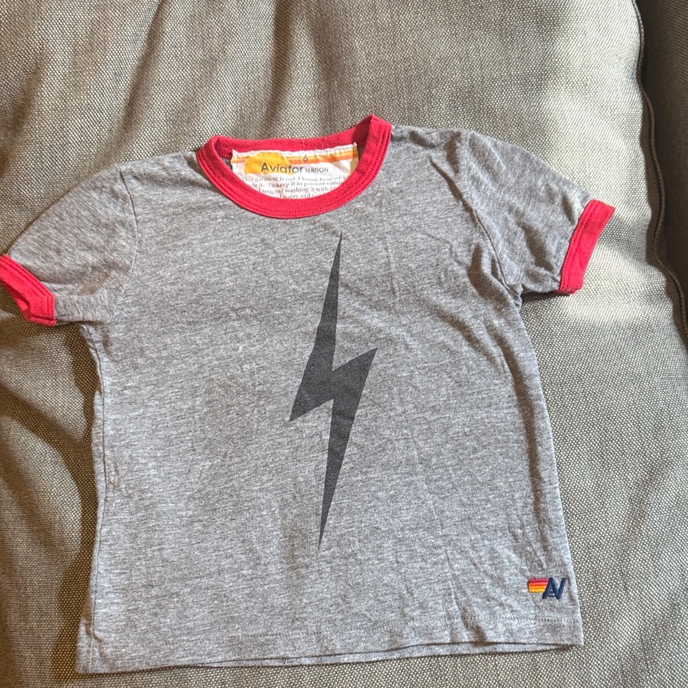 Aviator Nation Gray Tee with Black Bolt and Red Trim